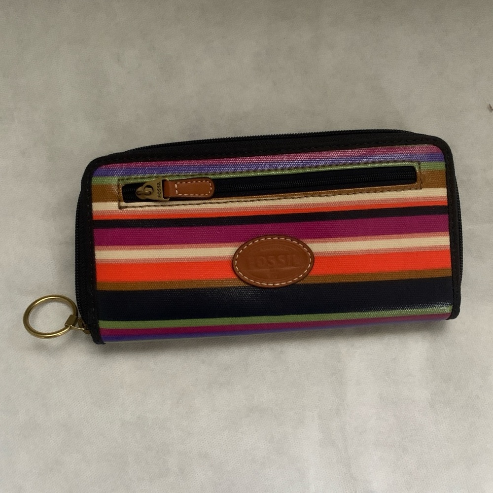 NWOT Fossil Striped Coated Canvas Zip Around Wallet Multicolor Large